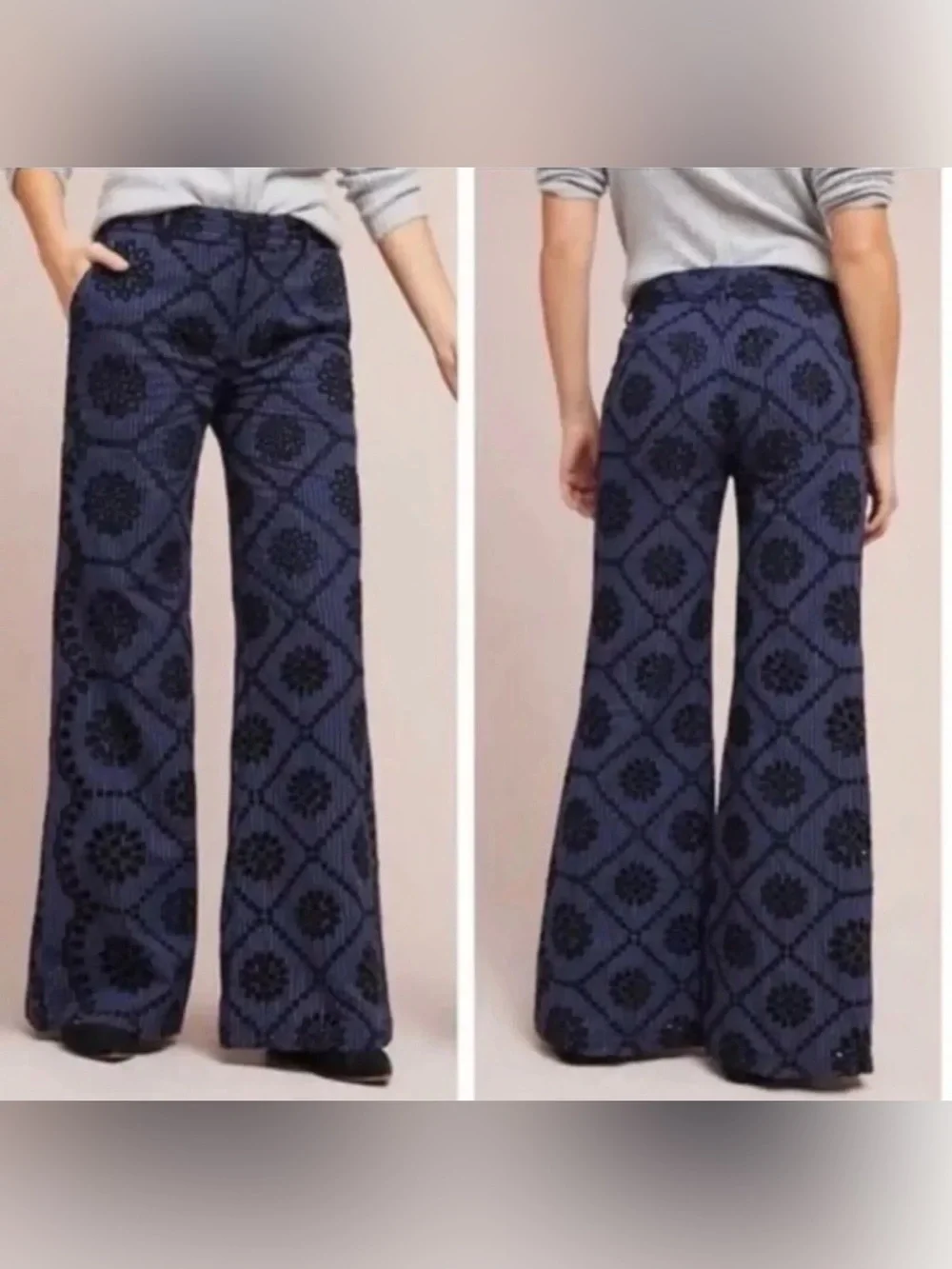 Anthropologie ETT TWA Blue & White Pinstripe Flare Pants Floral Cut Outs Size 2